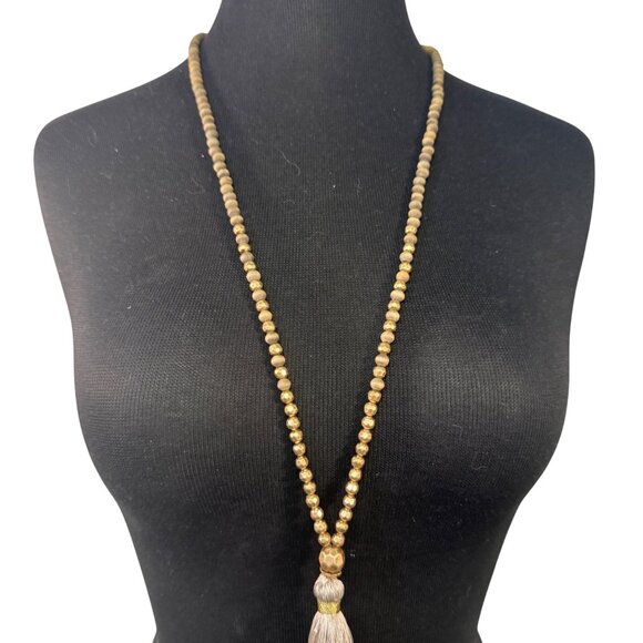 Taupe Colored Long Beaded Tassel Necklace Adjustable - Picture 3 of 5